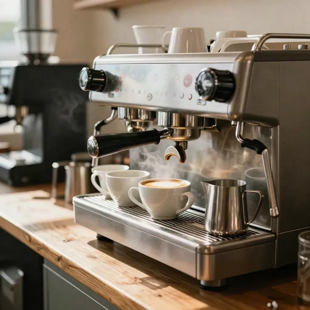 Espresso machine, latte cups, demitasse, and milk pitchers with steam in a warm café