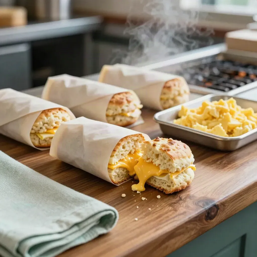 Breakfast sandwiches, split biscuit sandwich, and eggs on the prep line with steam