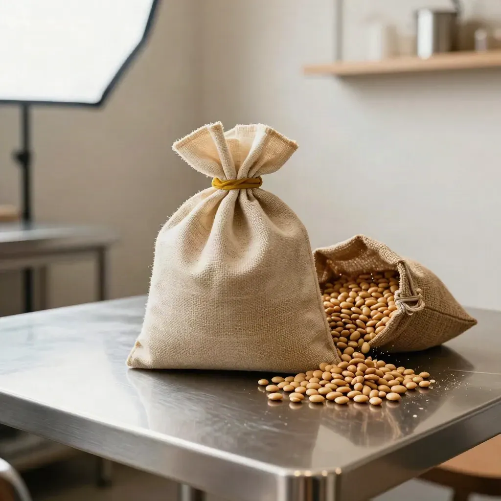 House-roasted bean bags and loose beans scatter on a stainless café prep table.