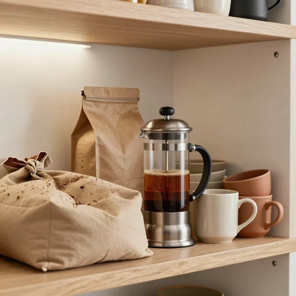 Roasted bean bags, grinder, French press and mugs on a full office shelf with drifting coffee dust.