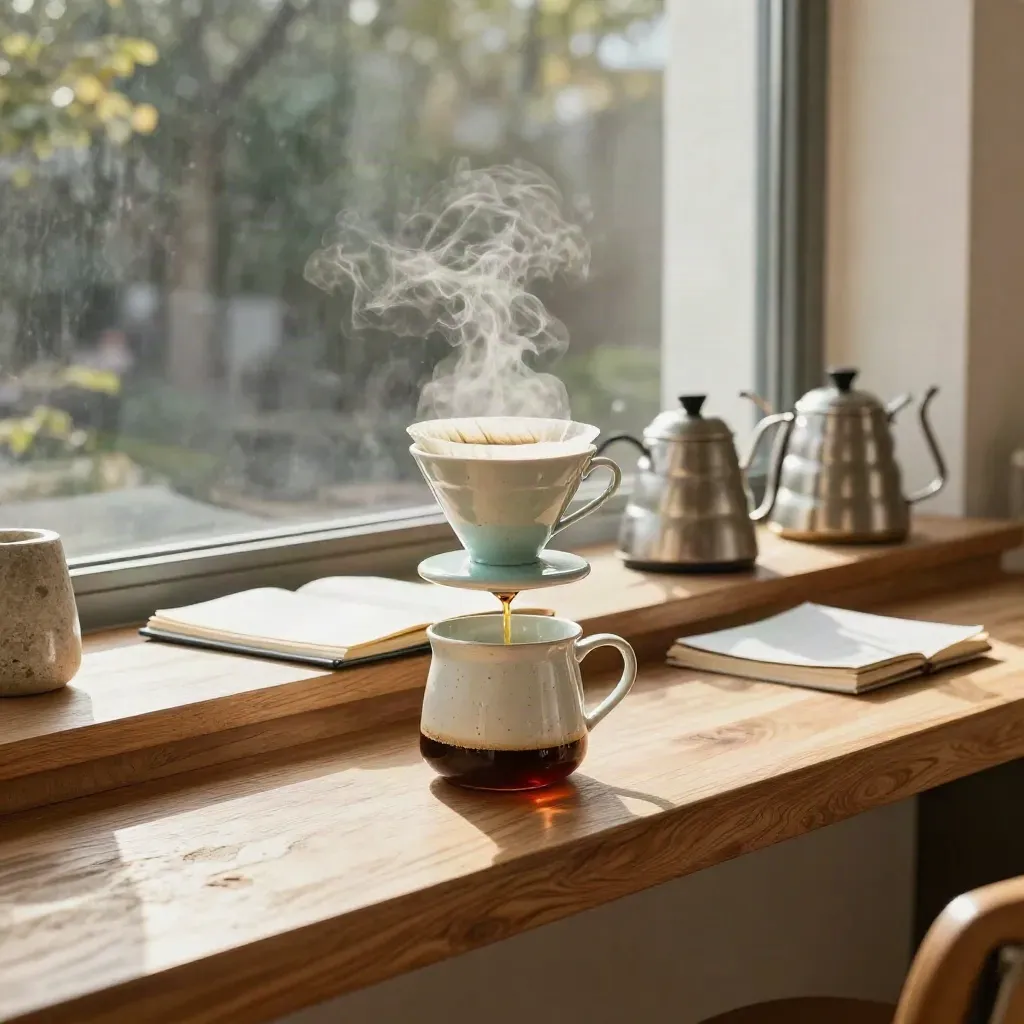 Empty café pour-over station by a window, chair pulled back, steam rising in warm light.