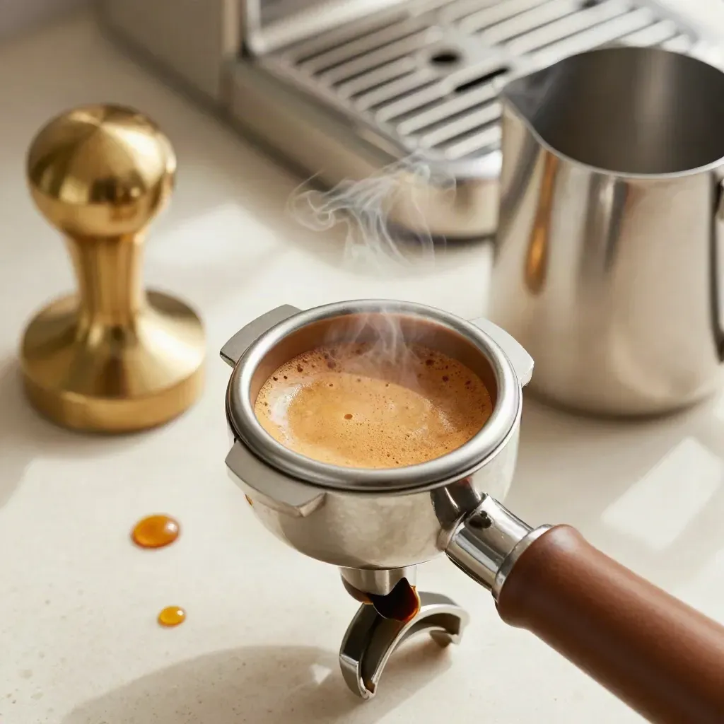 Extreme macro of a tamped espresso puck, brass tamper, milk pitcher and portafilter basket on travertine.