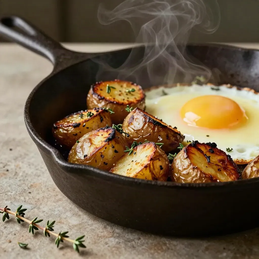 Cast-iron skillet edge with roasted potatoes, egg, and herbs in warm brunch light.