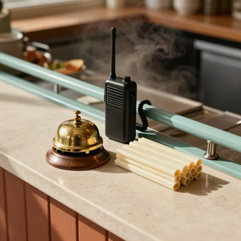 Brass counter bell, handheld radio and blank table markers on a cozy café host ledge.