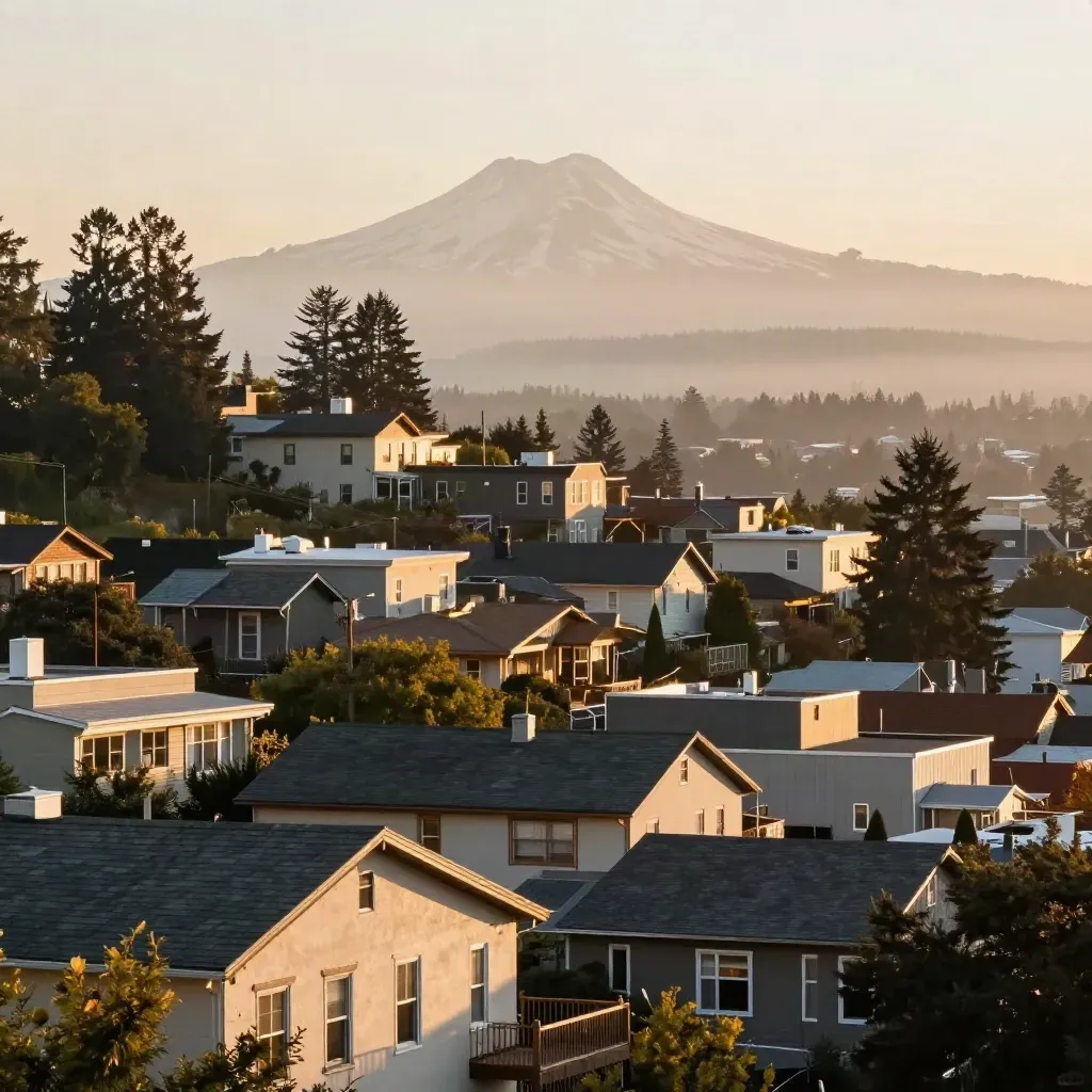 Golden-hour Portland Eastside rooftops, tree canopies, and Mount Hood in sunset haze.