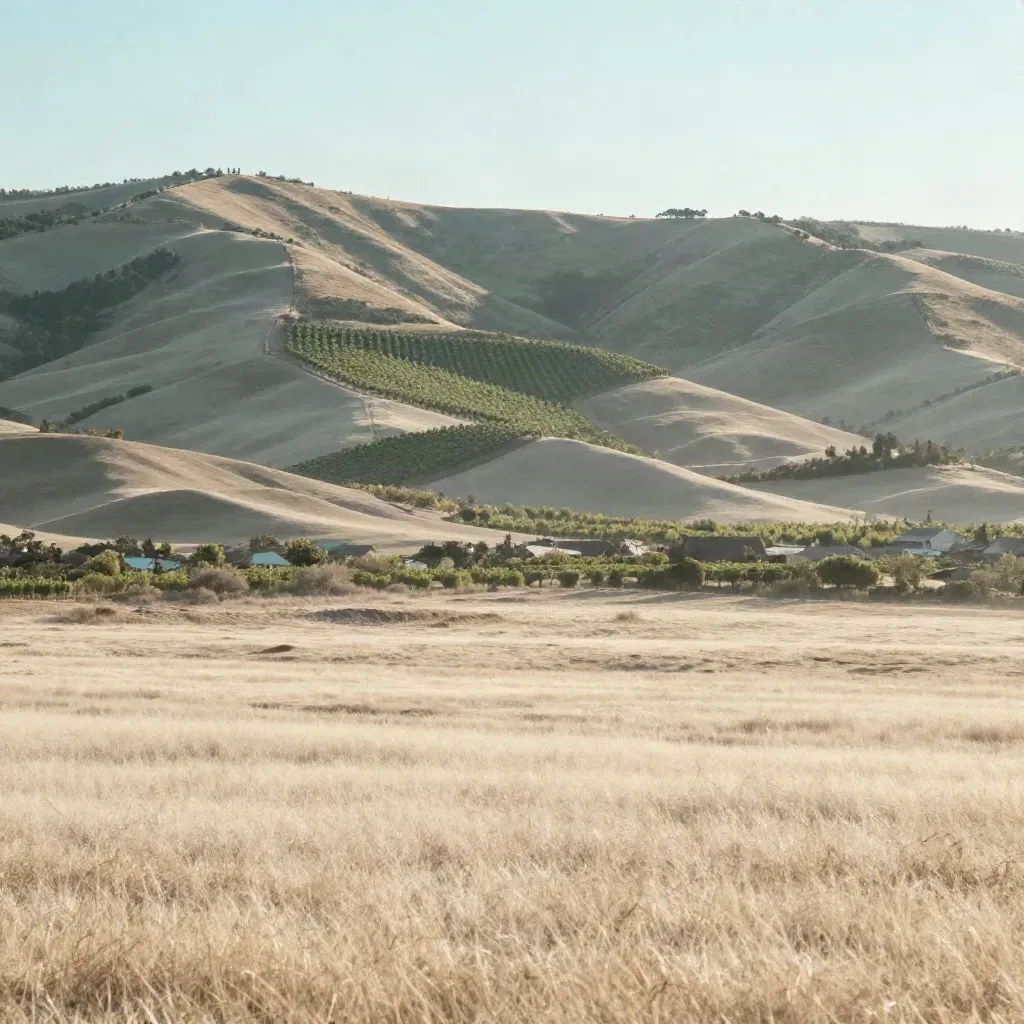 Hazy westside foothills and vineyard-green slopes above soft suburban edges at golden afternoon.