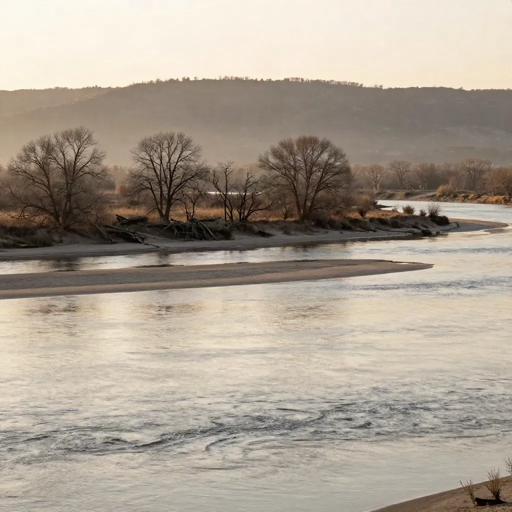 River plain with cottonwoods, reflective water, and a distant ridge at sunset.